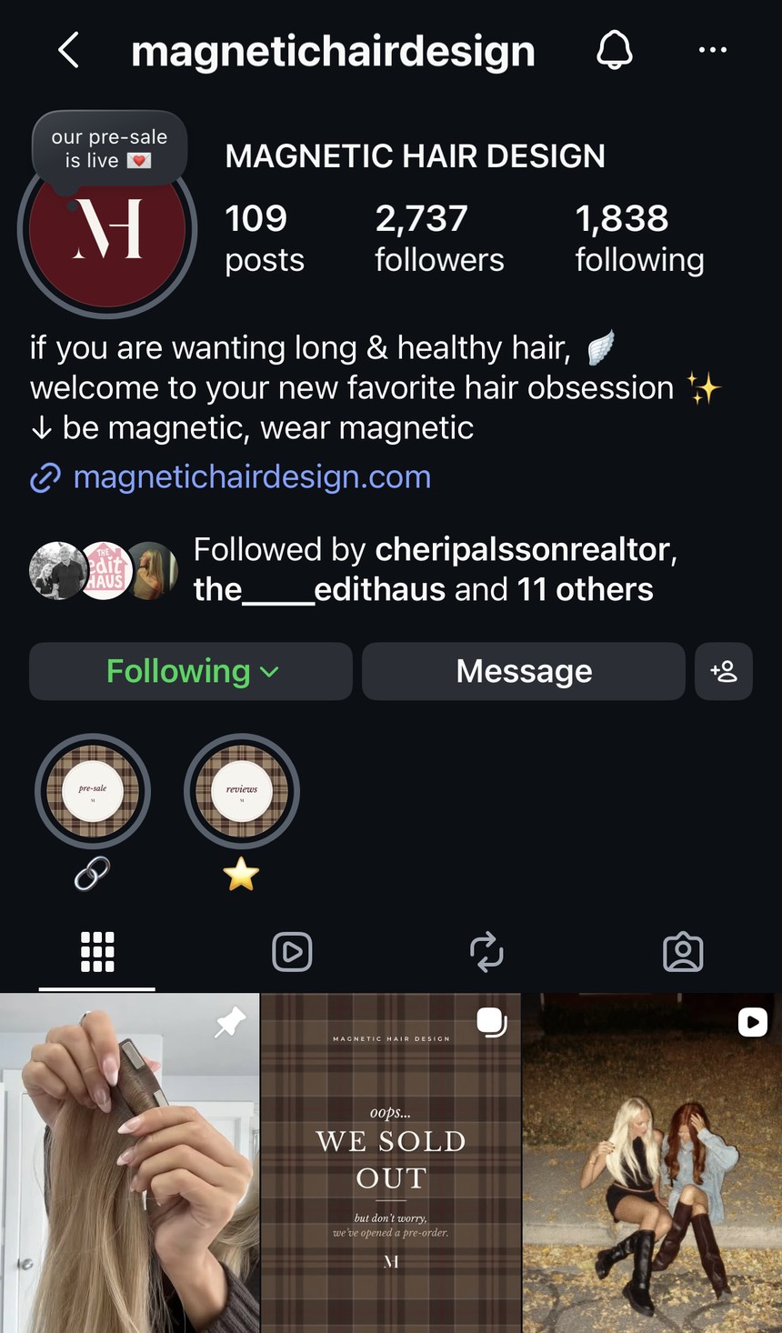 Instagram profile after the Edit Haus refresh: burgundy monogram, plaid highlights and branded grid